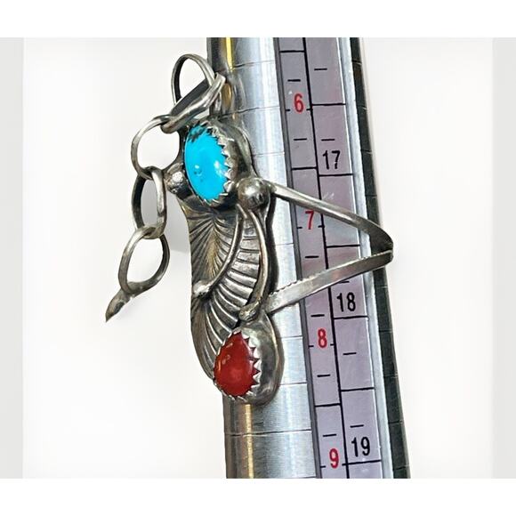 VTG Native American Slave Cuff Bracelet Ring Coral Turquoise on Sterling Silver - Picture 14 of 16
